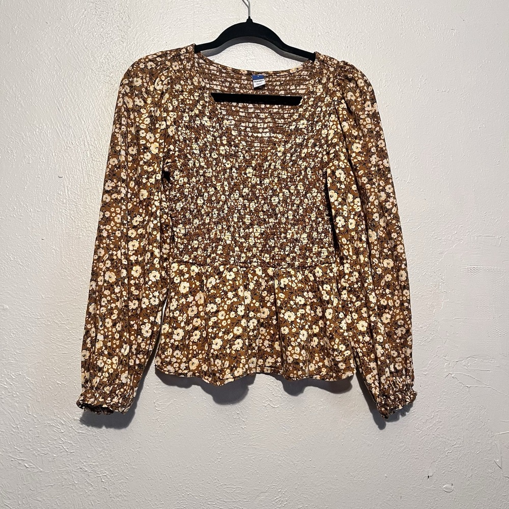 Old Navy Peplum Top Womens Brown Floral Smocked Long Sleeve S